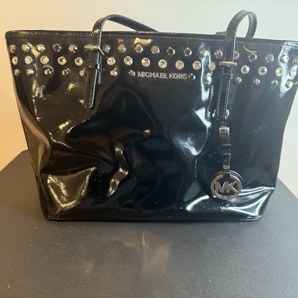 Michael Kors Black Patent Tote with Silver Accents